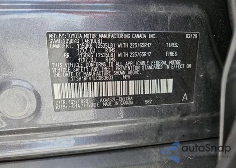 2020 Toyota Rav4 Le из США, поврежденный, VIN 2T3H1RFV1LC063603